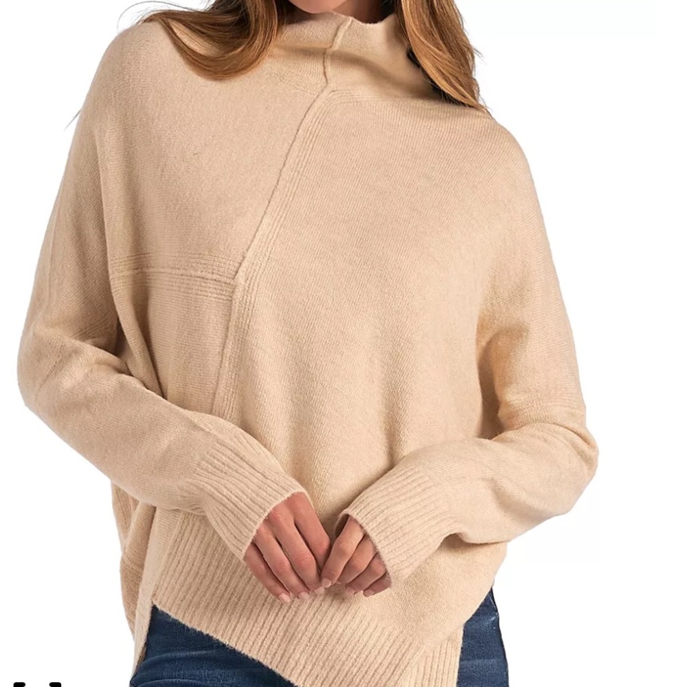 Elan Women's Mock Neck Sweater M Cream Long Sleeve Knit Pullover Lagenlook